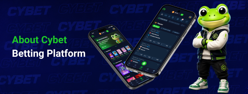 The crytpto casino Cybet platform interface on a mobile screen, showing betting options and the frog mascot on the side.