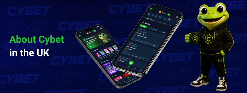 An image showing the casino Cybet app on a mobile screen, displaying UK-specific information with the frog mascot in front.