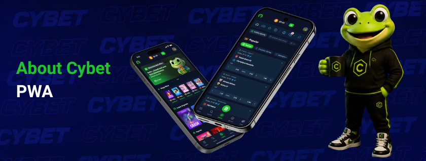 Cybet PWA app features, with the frog mascot and Cybet branding.