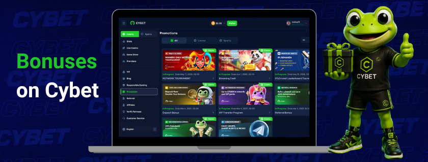 Cybet promotions page on a laptop, showcasing various bonuses with the frog mascot holding a gift box.