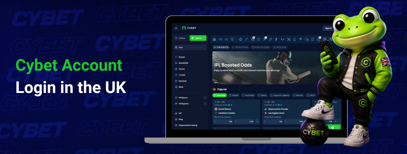 An image of the casino Cybet login page displayed on a laptop for UK users, with the frog mascot standing next to the screen.