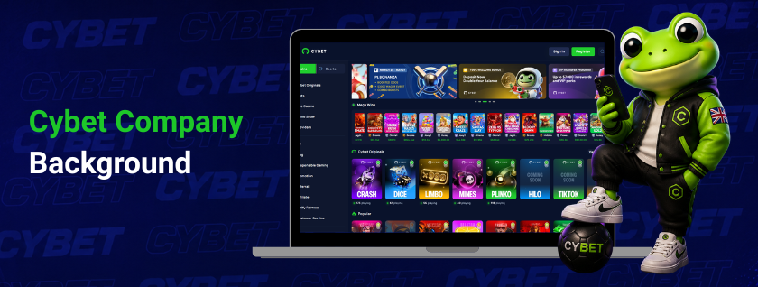 Cybet platform showcasing the company's background and game offerings, with the frog mascot standing beside it.