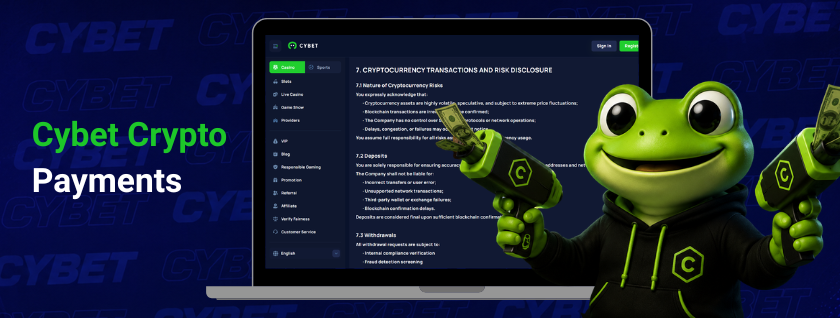 Cybet's cryptocurrency payment options with the frog mascot and platform interface on a laptop.