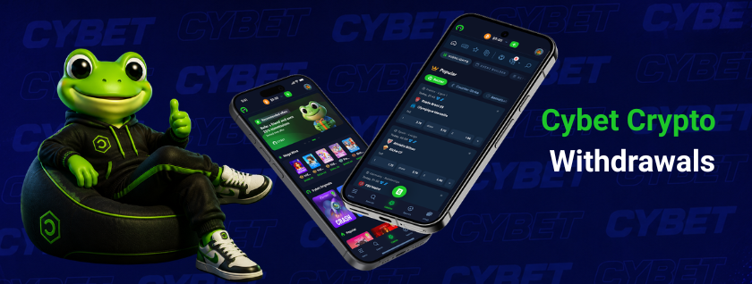 An image of the Cybet app displaying crypto withdrawal options with a frog mascot in the background.