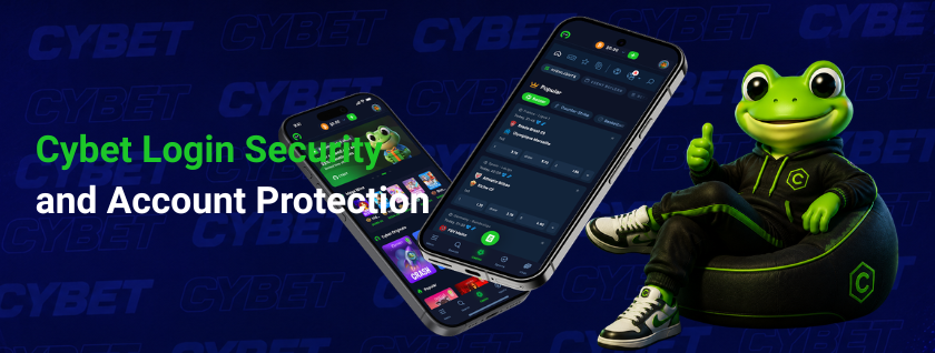 A mobile displaying Cybet's login security features and account protection settings, with the frog mascot giving a thumbs up.