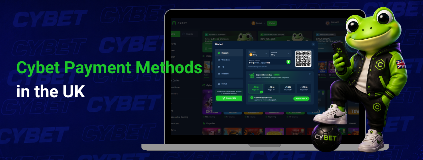 Cybet's crypto payment methods for UK players with the frog mascot beside it.