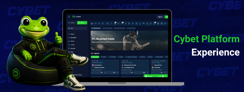 The Cybet platform interface on a laptop screen, showcasing the betting experience, with the frog mascot sitting next to it.