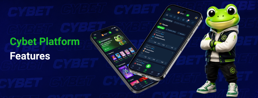 The Cybet platform on a mobile screen, highlighting platform features and functionality with the frog mascot beside it.