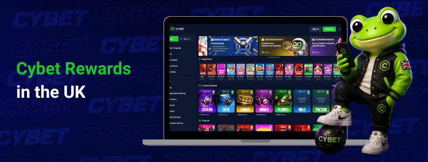 Cybet's rewards options for UK players, displaying different games and rewards with the frog mascot in the foreground.