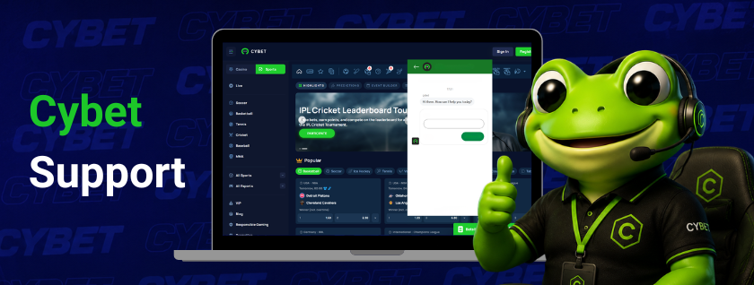 The Cybet support chat interface displayed on a laptop screen with the frog mascot offering assistance.