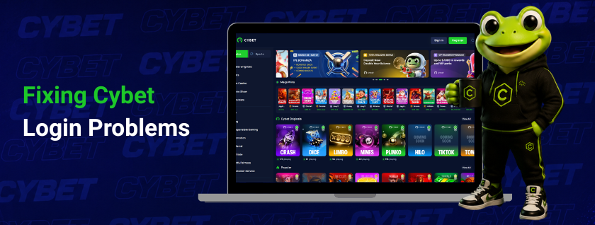 Cybet's support page for fixing login issues, with the frog mascot standing beside the laptop.