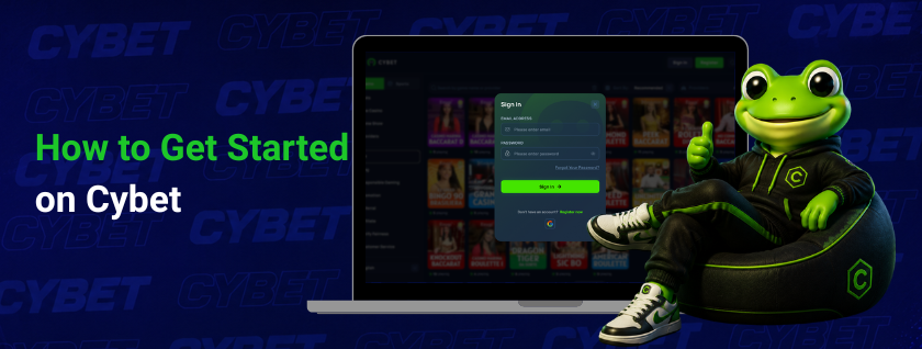 Cybet sign-in page on a laptop, showing the login process with the frog mascot sitting on a beanbag.