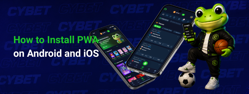 An image of the casino Cybet app installation screen for Android and iOS, with the frog mascot next to it.