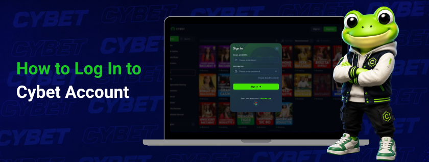 Cybet's login page on a laptop, showing the sign-in interface with the frog mascot beside it.