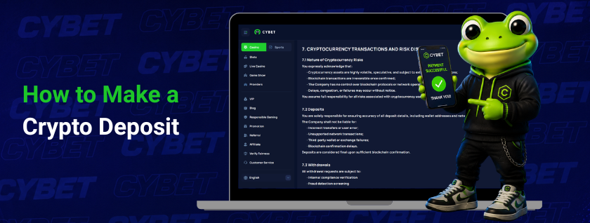 showing instructions on how to make a crypto deposit on the Cybet platform, with the frog mascot holding a phone.