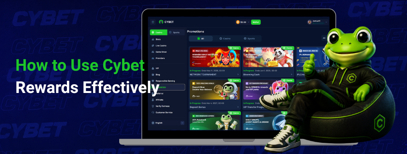 Cybet promotions section on a laptop, displaying rewards options and the frog mascot in front.