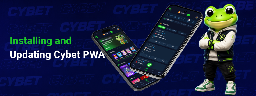 The Cybet app interface showing installation and update options for the PWA, with the frog mascot on the side.