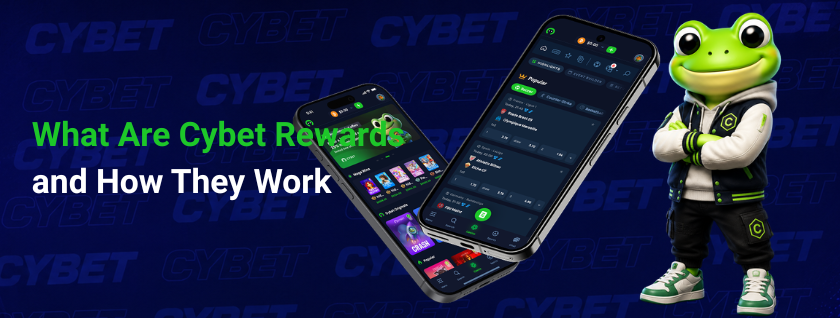 The casino Cybet app showing the rewards section on a mobile screen with the frog mascot and various promotions visible.